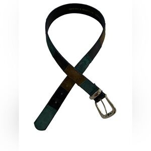 Vintage 90s-era patchwork suede/leather belt silver buckle green blue brown